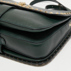 Pre Owned Valentino Dark Green Leather Rockstud Flap Shoulder Bag