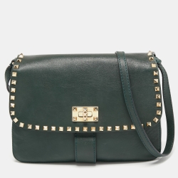 Pre Owned Valentino Dark Green Leather Rockstud Flap Shoulder Bag