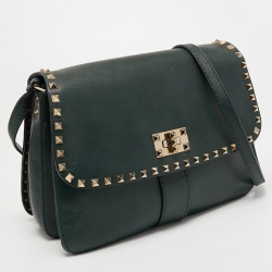 Pre Owned Valentino Dark Green Leather Rockstud Flap Shoulder Bag