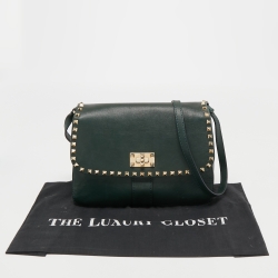 Pre Owned Valentino Dark Green Leather Rockstud Flap Shoulder Bag