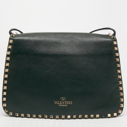 Pre Owned Valentino Dark Green Leather Rockstud Flap Shoulder Bag