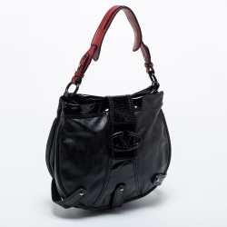 Pre Owned Valentino Black Coated Canvas and Patent Leather Catch Hobo