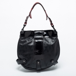 Pre Owned Valentino Black Coated Canvas and Patent Leather Catch Hobo