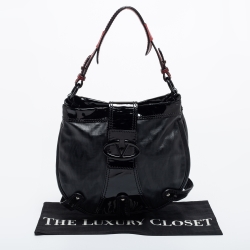 Pre Owned Valentino Black Coated Canvas and Patent Leather Catch Hobo