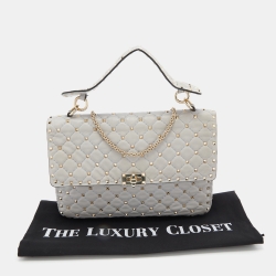 Pre Owned Valentino Grey Quilted Leather Large Rockstud Spike Top Handle Bag