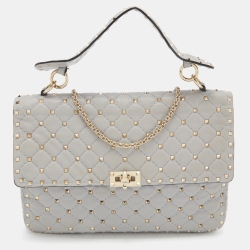 Pre Owned Valentino Grey Quilted Leather Large Rockstud Spike Top Handle Bag