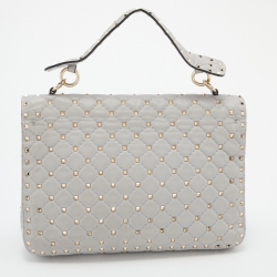 Pre Owned Valentino Grey Quilted Leather Large Rockstud Spike Top Handle Bag