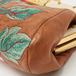 Pre Owned Valentino Brown Leather Floral Embroidered Frame Baguette Bag