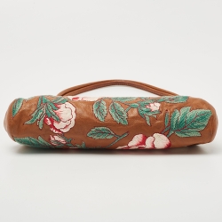 Pre Owned Valentino Brown Leather Floral Embroidered Frame Baguette Bag