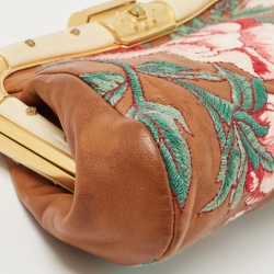 Pre Owned Valentino Brown Leather Floral Embroidered Frame Baguette Bag
