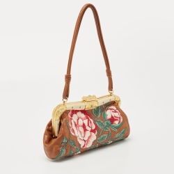 Pre Owned Valentino Brown Leather Floral Embroidered Frame Baguette Bag
