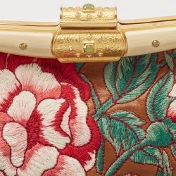 Pre Owned Valentino Brown Leather Floral Embroidered Frame Baguette Bag