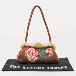Pre Owned Valentino Brown Leather Floral Embroidered Frame Baguette Bag