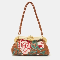 Pre Owned Valentino Brown Leather Floral Embroidered Frame Baguette Bag