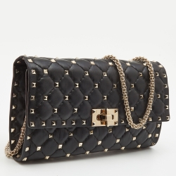Pre Owned Valentino Black Quilted Leather Rockstud Spike Chain Clutch