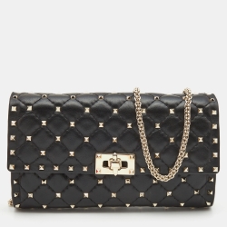 Pre Owned Valentino Black Quilted Leather Rockstud Spike Chain Clutch