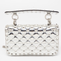 Pre Owned Valentino Silver Quilted Patent Leather Small Rockstud Spike Top Handle Bag