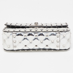 Pre Owned Valentino Silver Quilted Patent Leather Small Rockstud Spike Top Handle Bag