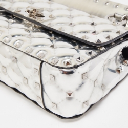 Pre Owned Valentino Silver Quilted Patent Leather Small Rockstud Spike Top Handle Bag