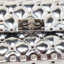 Pre Owned Valentino Silver Quilted Patent Leather Small Rockstud Spike Top Handle Bag
