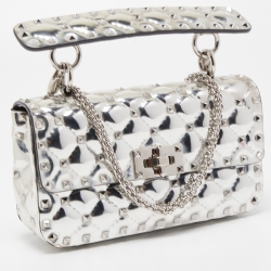 Pre Owned Valentino Silver Quilted Patent Leather Small Rockstud Spike Top Handle Bag