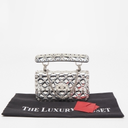 Pre Owned Valentino Silver Quilted Patent Leather Small Rockstud Spike Top Handle Bag