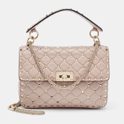 Pre Owned Valentino Light Pink Leather Medium Rockstud Spike Top Handle Bag