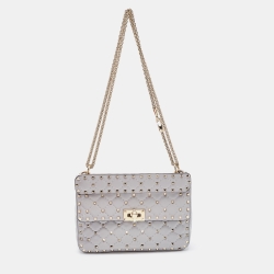 Pre Owned Valentino Grey Quilted Leather Medium Rockstud Spike Chain Bag