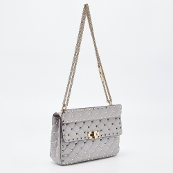 Pre Owned Valentino Grey Quilted Leather Medium Rockstud Spike Chain Bag