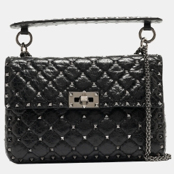 Pre Owned Valentino Black Quilted Leather Rockstud Spike Top Handle Bag