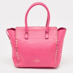 Pre Owned Valentino Hot Pink Leather Small Rockstud Trapeze Tote