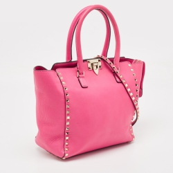 Pre Owned Valentino Hot Pink Leather Small Rockstud Trapeze Tote