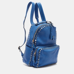 Pre Owned Valentino Blue Leather Rockstud Front Pocket Backpack