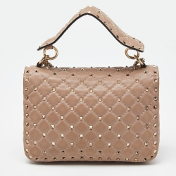 Pre Owned Valentino Pink Quilted Leather Medium Rockstud Spike Chain Top Handle Bag