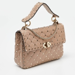 Pre Owned Valentino Pink Quilted Leather Medium Rockstud Spike Chain Top Handle Bag