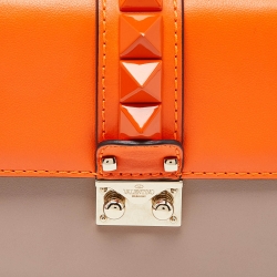 Pre Owned Valentino Orange/Beige Leather Small Rockstud Glam Lock Flap Bag