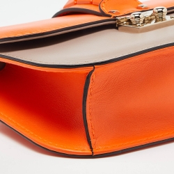 Pre Owned Valentino Orange/Beige Leather Small Rockstud Glam Lock Flap Bag