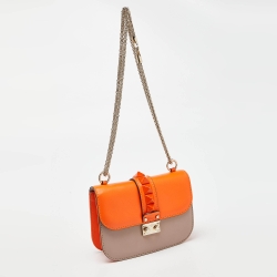 Pre Owned Valentino Orange/Beige Leather Small Rockstud Glam Lock Flap Bag