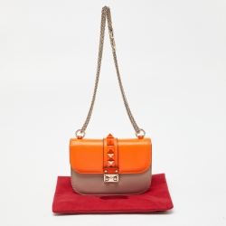 Pre Owned Valentino Orange/Beige Leather Small Rockstud Glam Lock Flap Bag