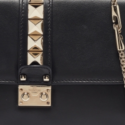 Pre Owned Valentino Black Leather Medium Rockstud Glam Lock Flap Bag