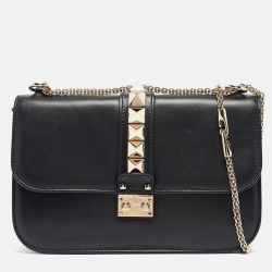 Pre Owned Valentino Black Leather Medium Rockstud Glam Lock Flap Bag
