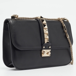 Pre Owned Valentino Black Leather Medium Rockstud Glam Lock Flap Bag