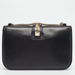 Pre Owned Valentino Black Leather Medium Rockstud Glam Lock Flap Bag