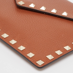 Pre Owned Valentino Brown Leather Rockstud Envelope Wristlet Clutch