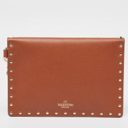 Pre Owned Valentino Brown Leather Rockstud Envelope Wristlet Clutch