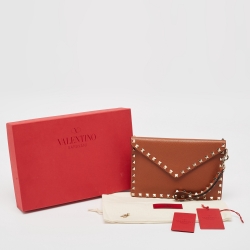 Pre Owned Valentino Brown Leather Rockstud Envelope Wristlet Clutch