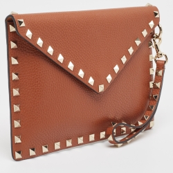 Pre Owned Valentino Brown Leather Rockstud Envelope Wristlet Clutch