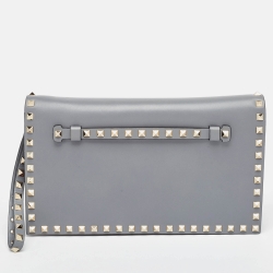 Pre Owned Valentino Grey Leather Rockstud Wristlet Clutch