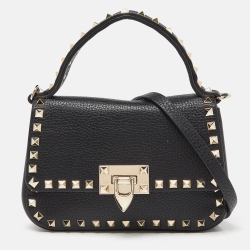 Pre Owned Valentino Black Leather Rockstud Convertible Top Handle Bag