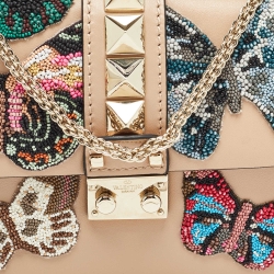 Pre Owned Valentino Beige Leather Small Butterfly Beads Rockstud Glam Lock Bag